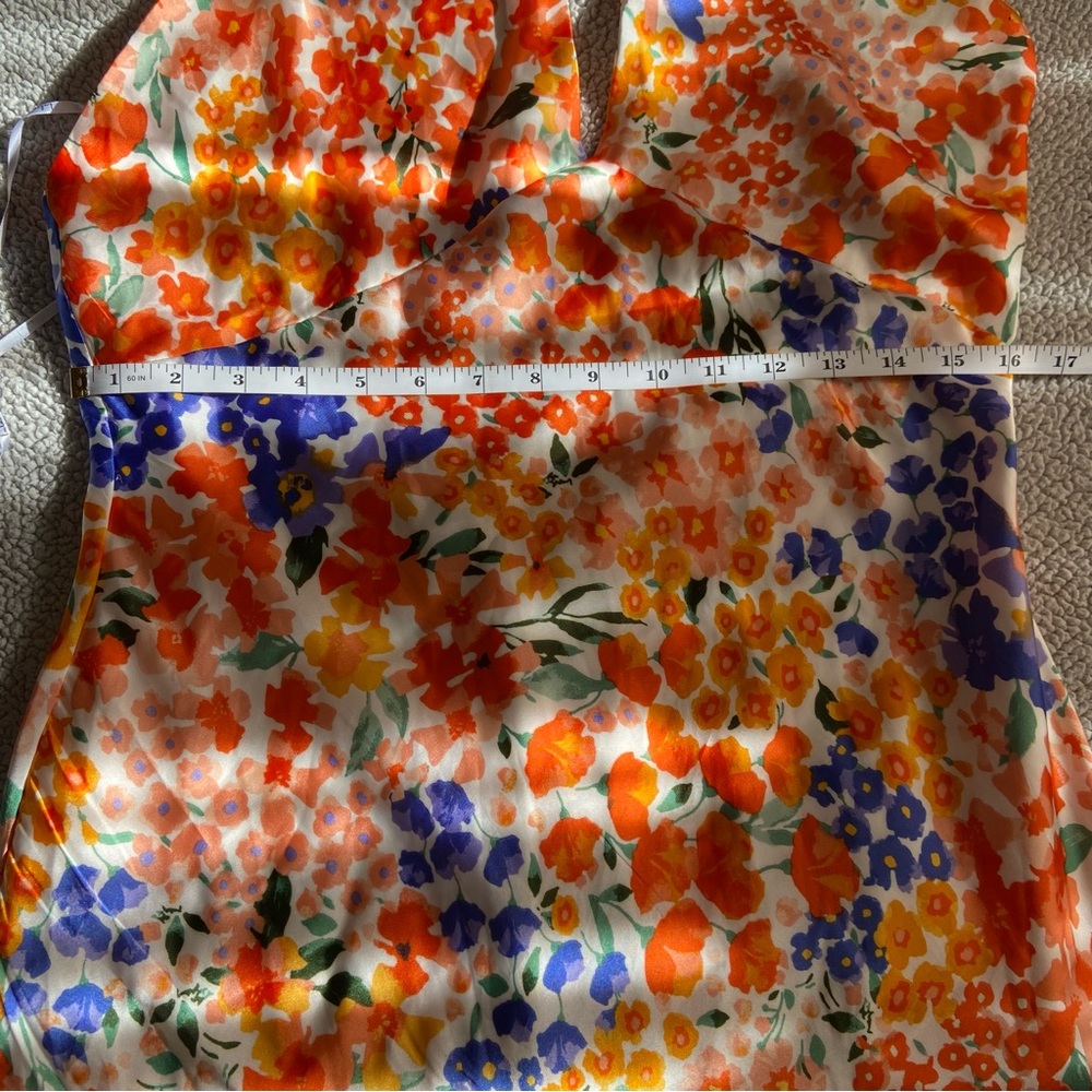 NWOT Lulus Bold Presence Orange Multi Floral Satin Halter Midi Dress - Picture 2 of 10